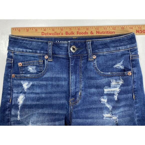 American Eagle Hi-Rise Shortie Sz 4 Denim Jean Shorts Holes Raw Hems - Picture 5 of 8